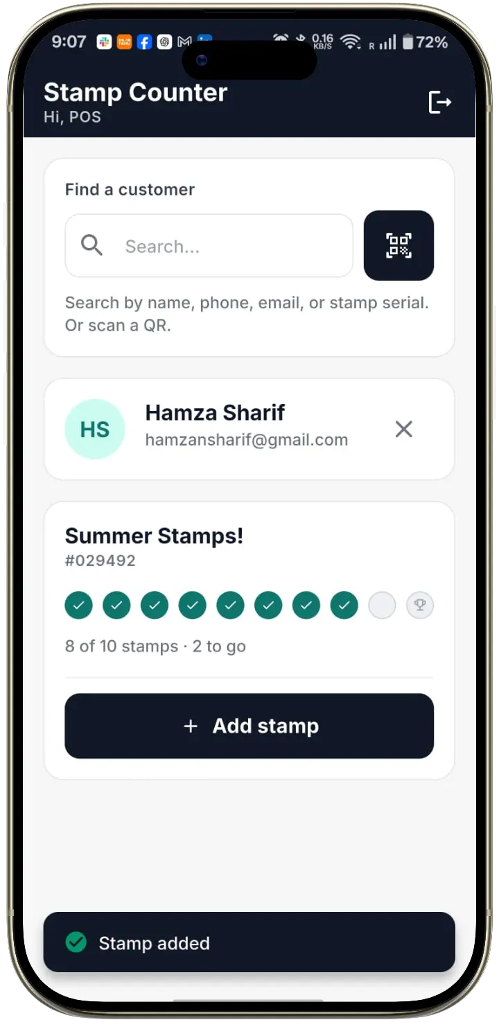 Stamp Cards Staff App showing a cashier adding a customer stamp
